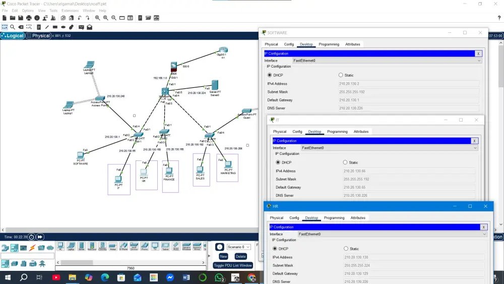 شبكة مخصص بالكامل حسب احتياجاتك استخدام برنامج Cisco Packet Tracer باحترافية عالية تنظيم وترتيب الشبكة بشكل سهل الفهم والتطبيق دعم إعدادات متقدمة مثل VLAN و Routing & Switching ضمان أداء مستقر وآمن للشبكة