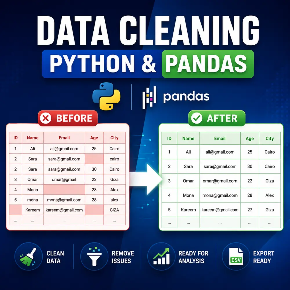 تنظيف ومعالجة البيانات باستخدام Python وPandas وتحويل البيانات الخام وغير المنظمة إلى بيانات دقيقة، مرتبة، وجاهزة للتحليل واتخاذ القرار.