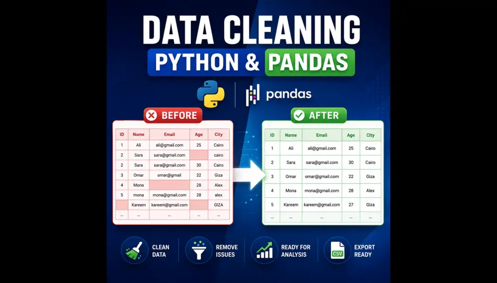 تنظيف ومعالجة البيانات باستخدام Python وPandas وتحويل البيانات الخام وغير المنظمة إلى بيانات دقيقة، مرتبة، وجاهزة للتحليل واتخاذ القرار.