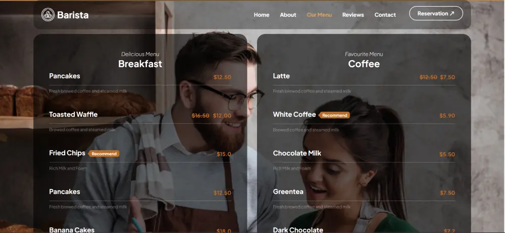 برمجة صفحة هبوط (Landing Page) عصرية للكافيهات والمطاعم بأنيميشن تفاعلي.