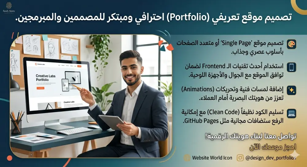 تصميم موقع تعريفي (Portfolio) احترافي ومبتكر للمصممين والمبرمجين.