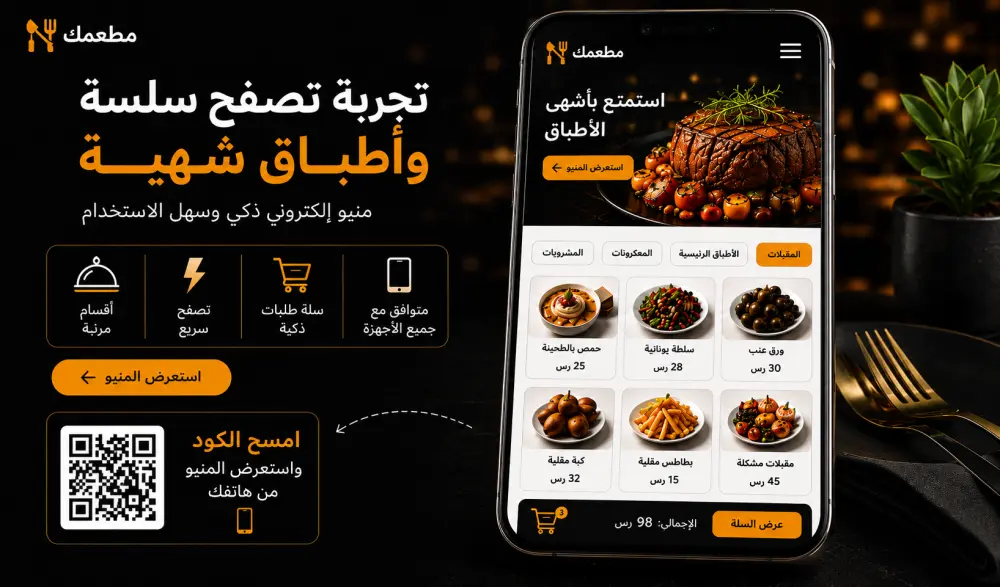 تصميم منيو ذكي وصفحة هبوط للمطاعم وربط بالواتساب و QR Code