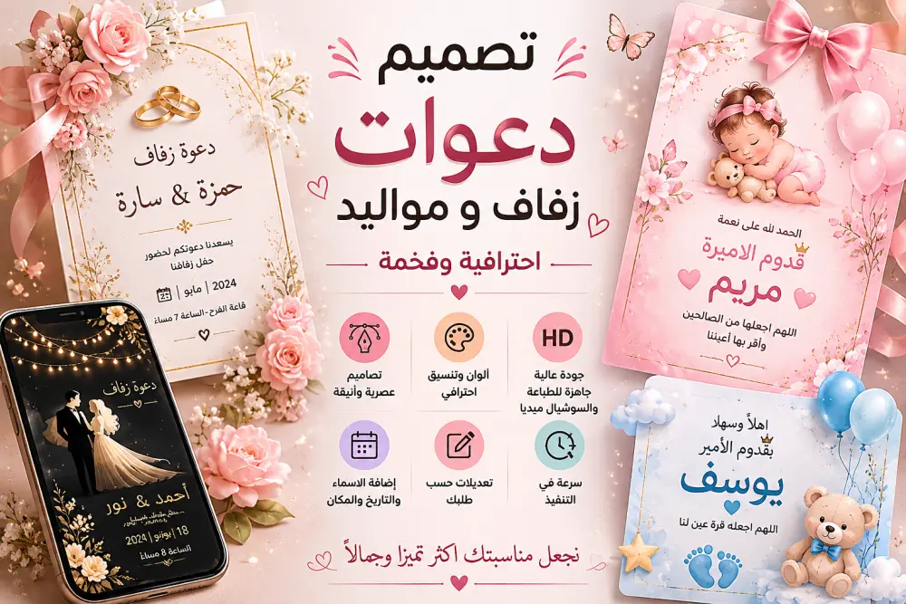 تصميم كروت ودعوات زفاف ومواليد عصرية بجودة عالية