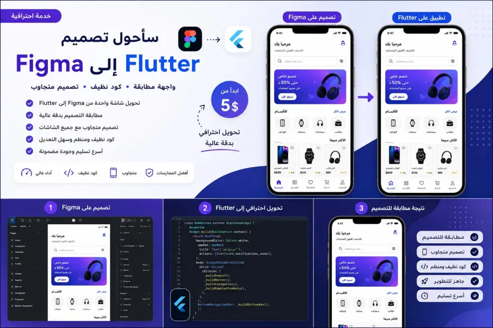 سأحول تصميم Figma إلى Flutter باحترافية ودقة عالية