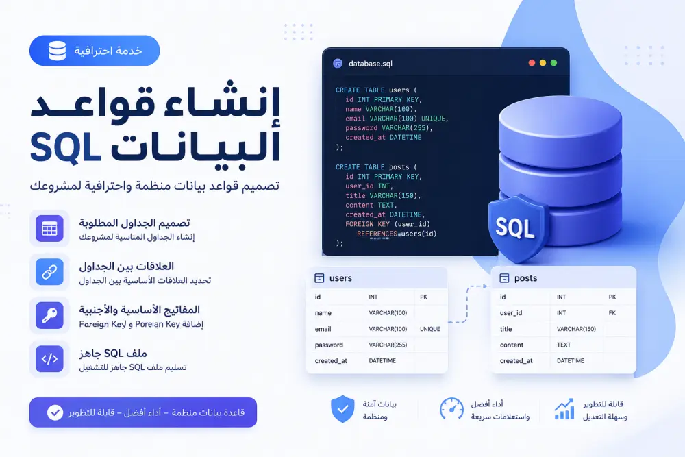 سأقوم بإنشاء قاعدة بيانات SQL بسيطة ومنظمة لمشروعك البرمجي.