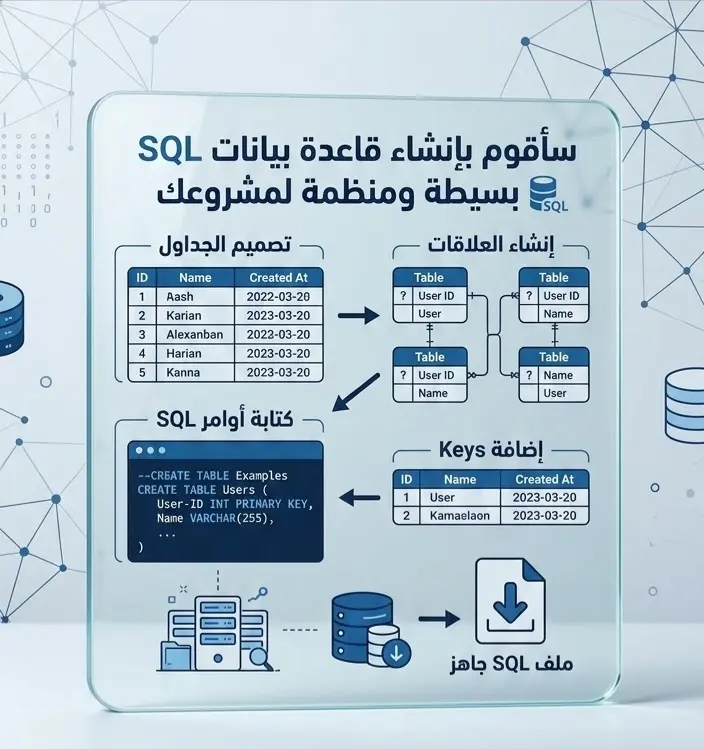 سأقوم بإنشاء قاعدة بيانات SQL بسيطة ومنظمة لمشروعك البرمجي.
