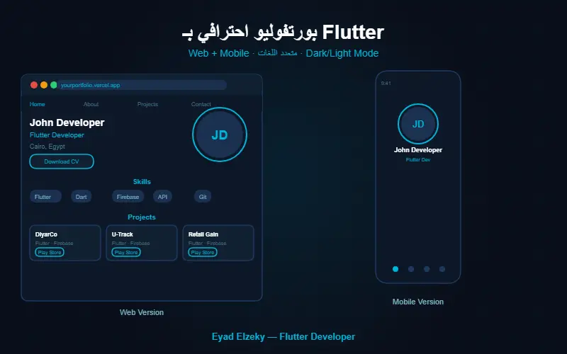 سوف أقوم بتصميم وبرمجة بورتفوليو احترافي باستخدام Flutter يعمل على الويب والموبايل بتصميم عصري وAnimations سلسة