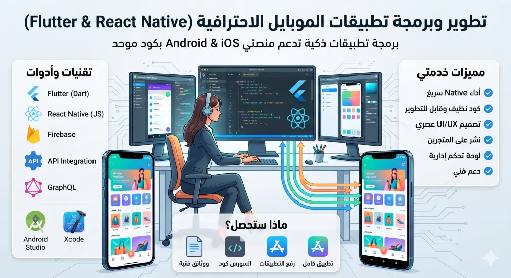 تطوير وبرمجة تطبيقات الموبايل الاحترافية (Flutter & React Native)