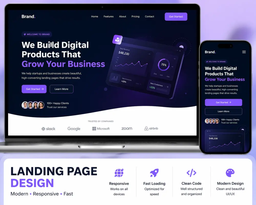 تصميم صفحة هبوط (Landing Page) احترافية ومتجاوبة باستخدام HTML وCSS وJavaScript