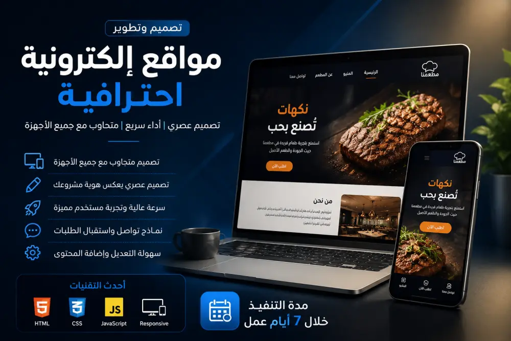تصميم موقع إلكتروني احترافي ومتجاوب خلال 7 أيام عمل
