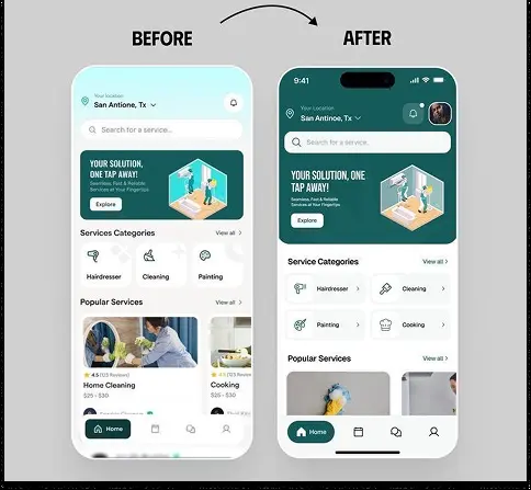 إعادة تصميم شاشة تطبيق بشكل احترافي مع تحسين UI/UX، وتنظيم العناصر والألوان