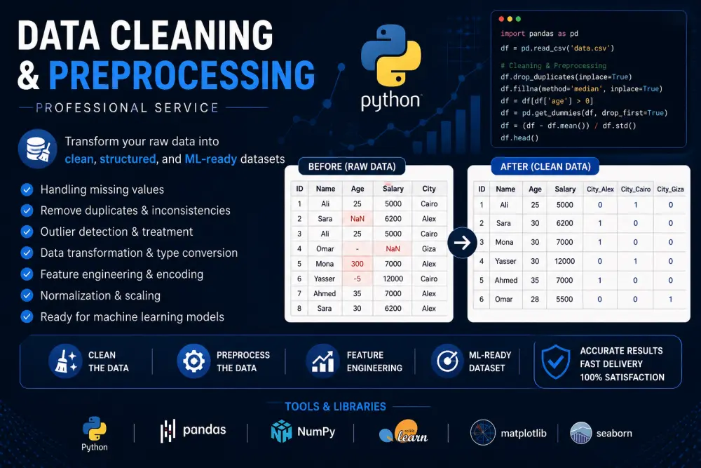 سأقوم بتنظيف البيانات (Data Cleaning)ومعالجتها وتحليلها لتصبح جاهزة للاستخدام في نماذج التعلُّم الآلي.