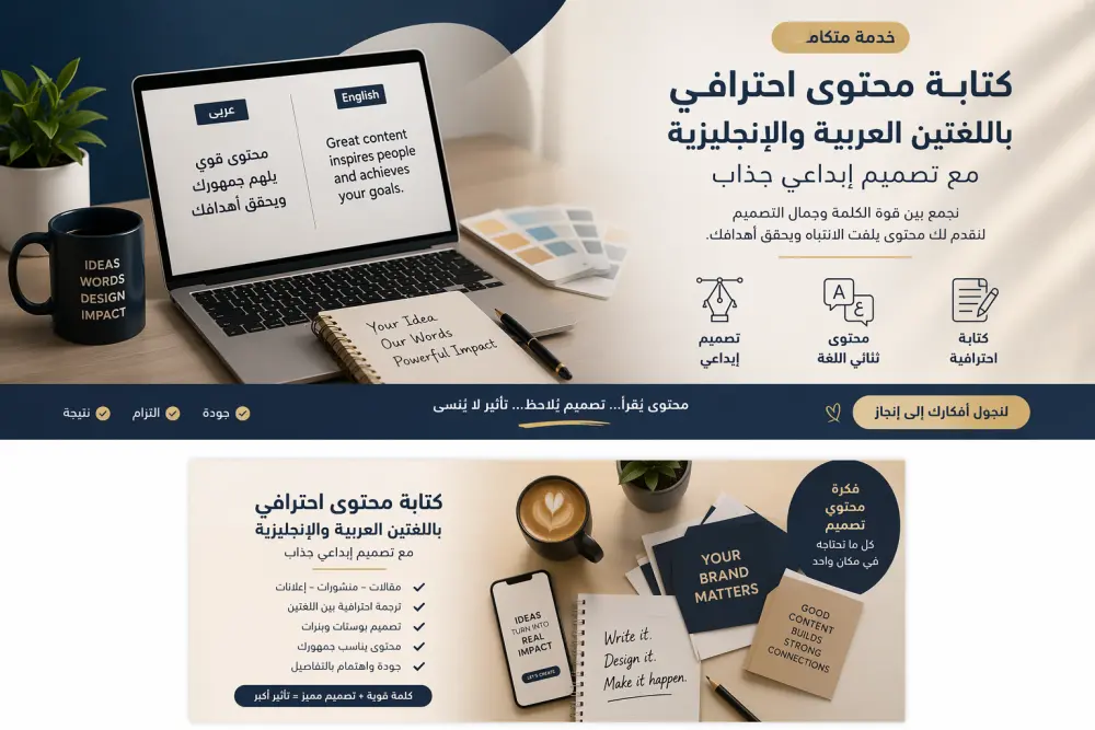 كتابة محتوى احترافي باللغتين العربية والإنجليزية مع تصميم إبداعي جذاب