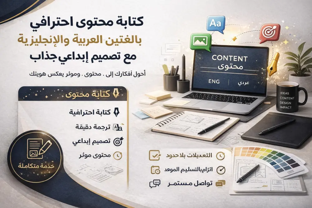 كتابة محتوى احترافي باللغتين العربية والإنجليزية مع تصميم إبداعي جذاب