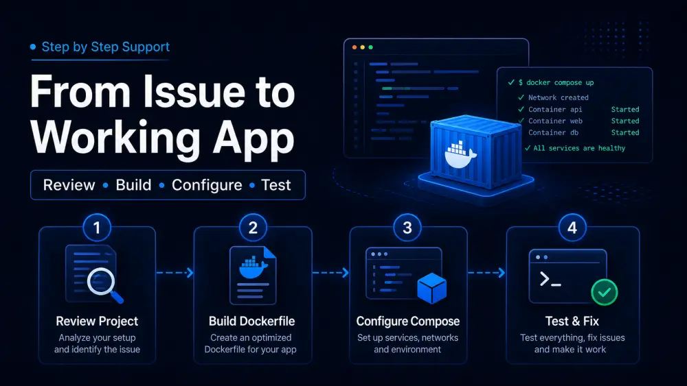 مراجعة Dockerfile أو Docker Compose وحل مشكلة تشغيل واحدة