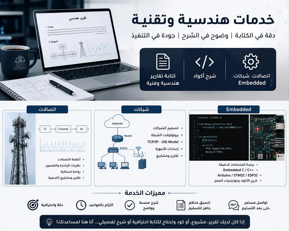 كتابة تقارير هندسية وفنية وشرح أكواد (اتصالات / شبكات / Embedded)