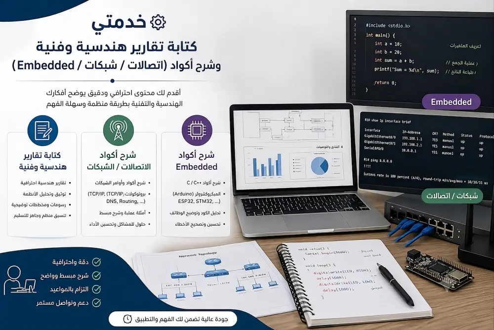 كتابة تقارير هندسية وفنية وشرح أكواد (اتصالات / شبكات / Embedded)