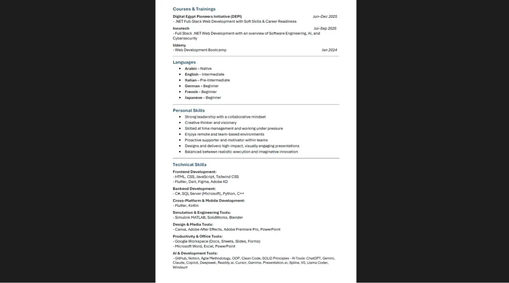 عمل CV بنظام ال ATS لحديثي التخرج بلغات مختلفه