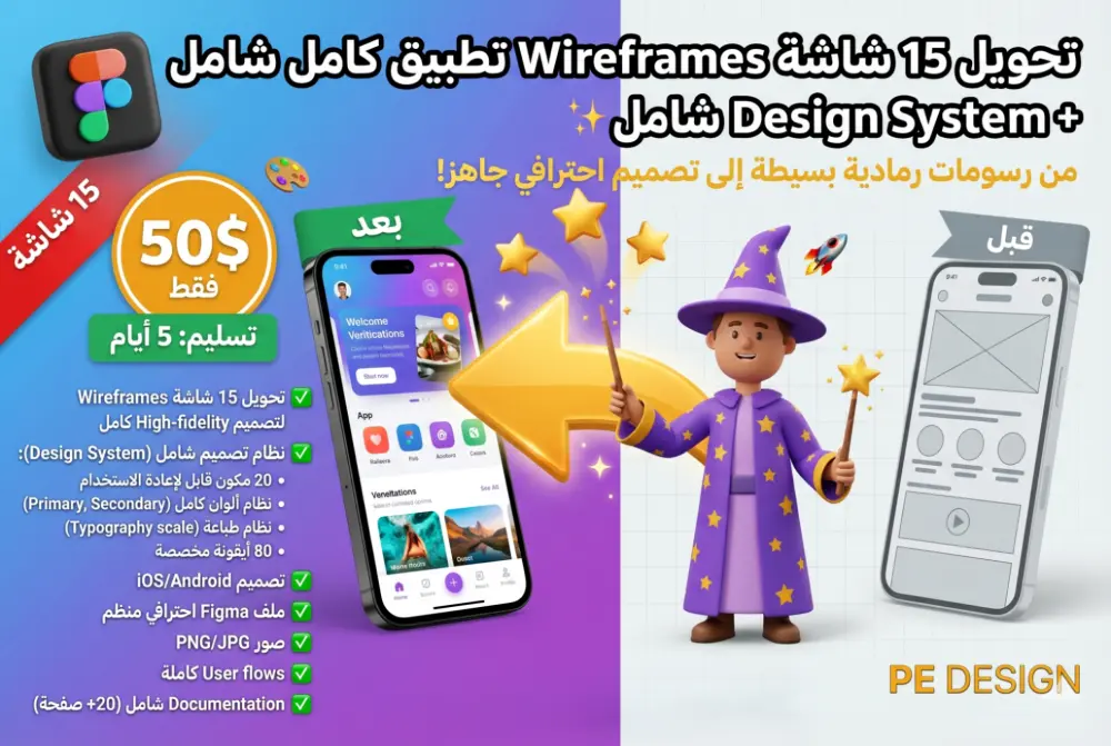 تحويل 15 شاشة Wireframes لتطبيق كامل + Design System شامل