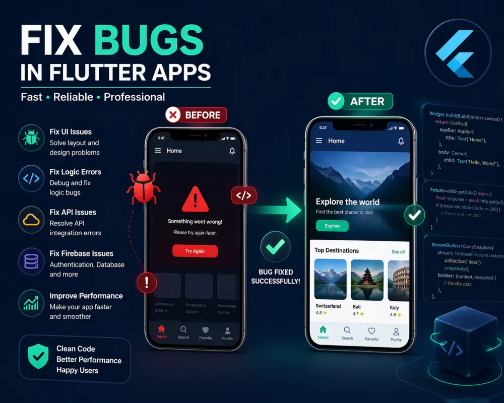 إصلاح الأخطاء في تطبيقات Flutter بسرعة واحترافية