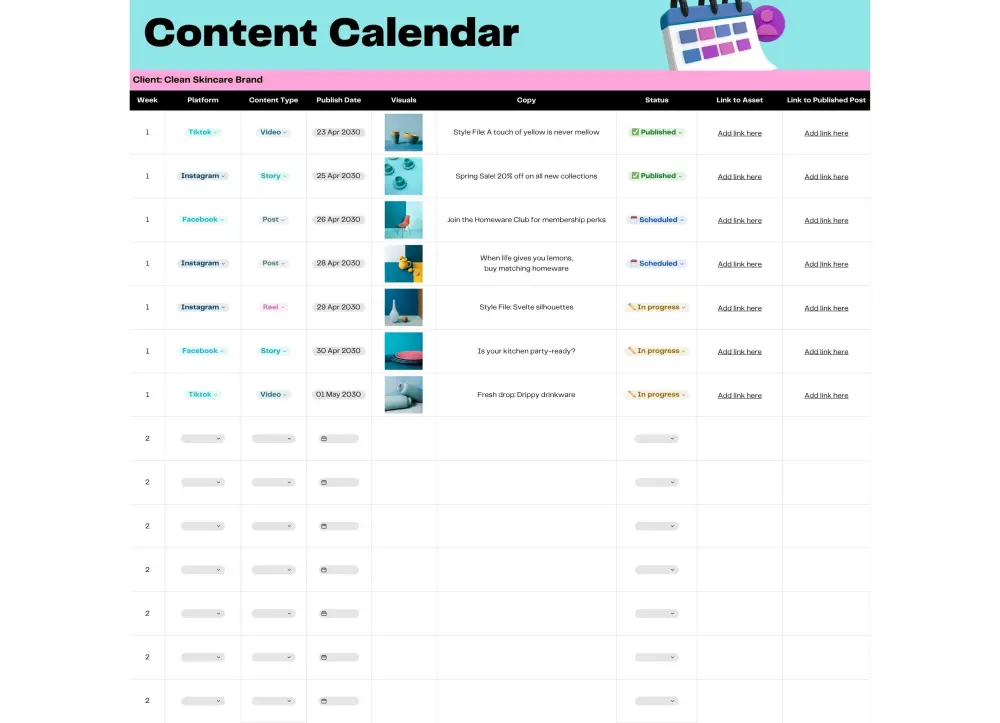 عمل خطة محتوي content calendar لمدة اسبوعين