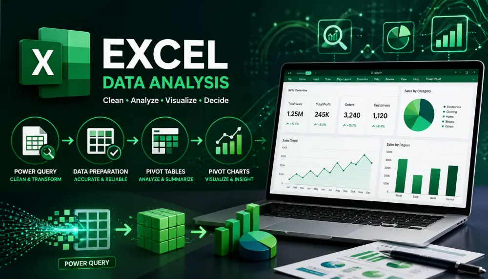 تحليل بيانات احترافي باستخدام Excel يشمل تنظيف وتجهيز البيانات بـPower Query، وإنشاء Pivot Tables لاستخراج KPIs، وتصميم Pivot Charts وDashboard تفاعلية لعرض النتائج بشكل بصري واضح يساعد على فهم البيانات واتخاذ قرارات دقيقة وسريعة.