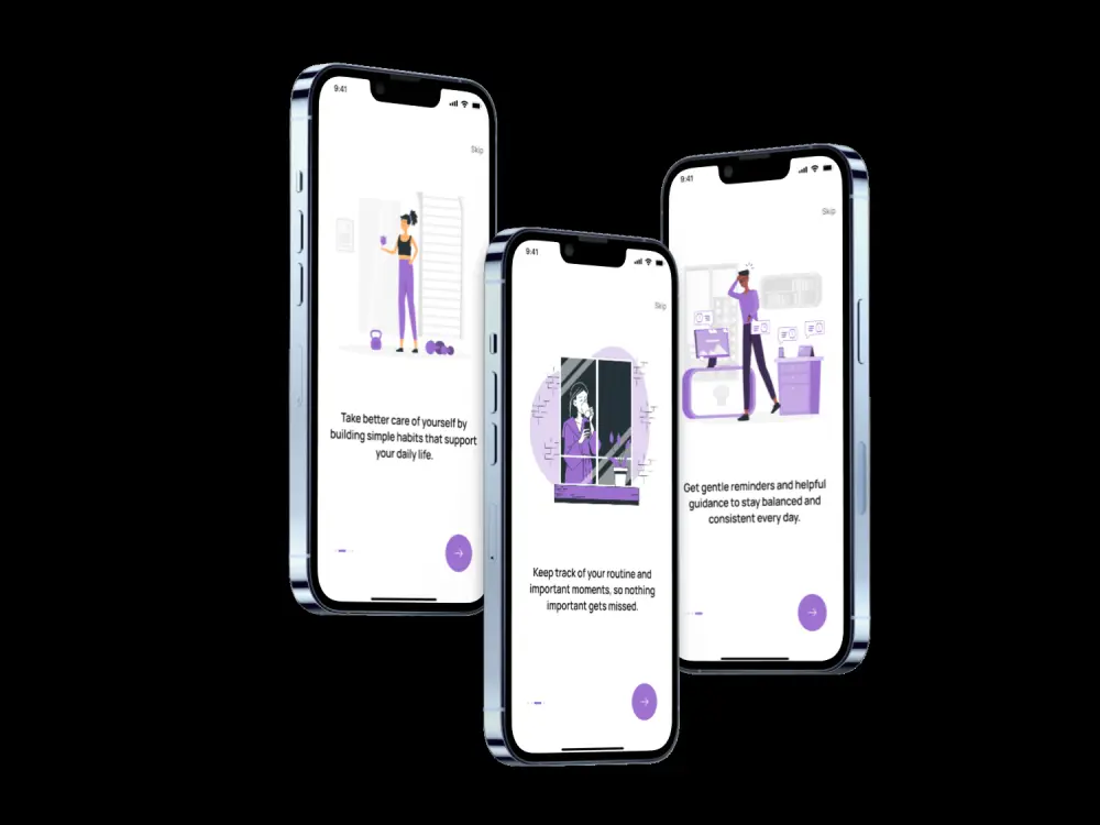 تصميم 3 شاشات Onboarding لتطبيق موبايل على Figma