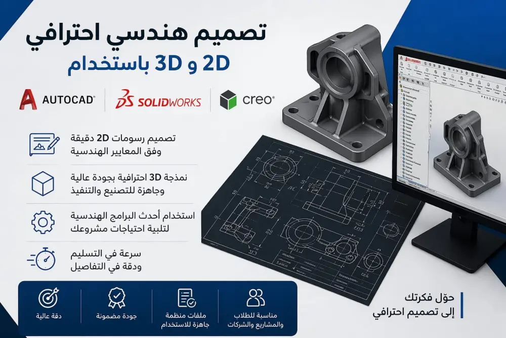 تصميم هندسي احترافي 2D و3D باستخدام AutoCAD وSolidWorks وCreo + تصميم HVAC