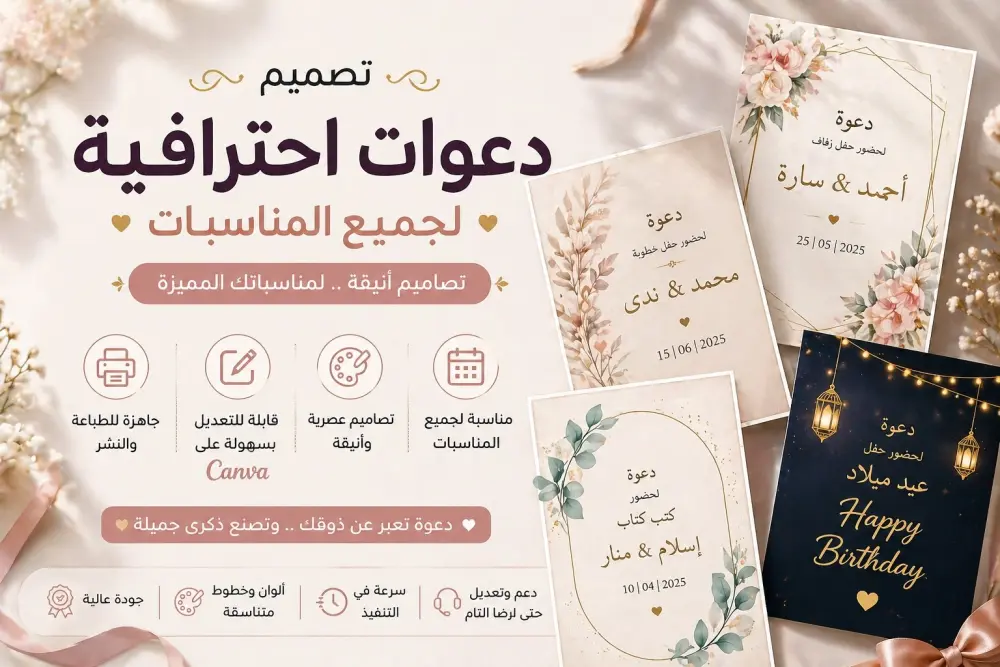 تصميم دعوات احترافية لجميع المناسبات (زفاف – خطوبة – أعياد) جاهزة للتعديل والطباعة