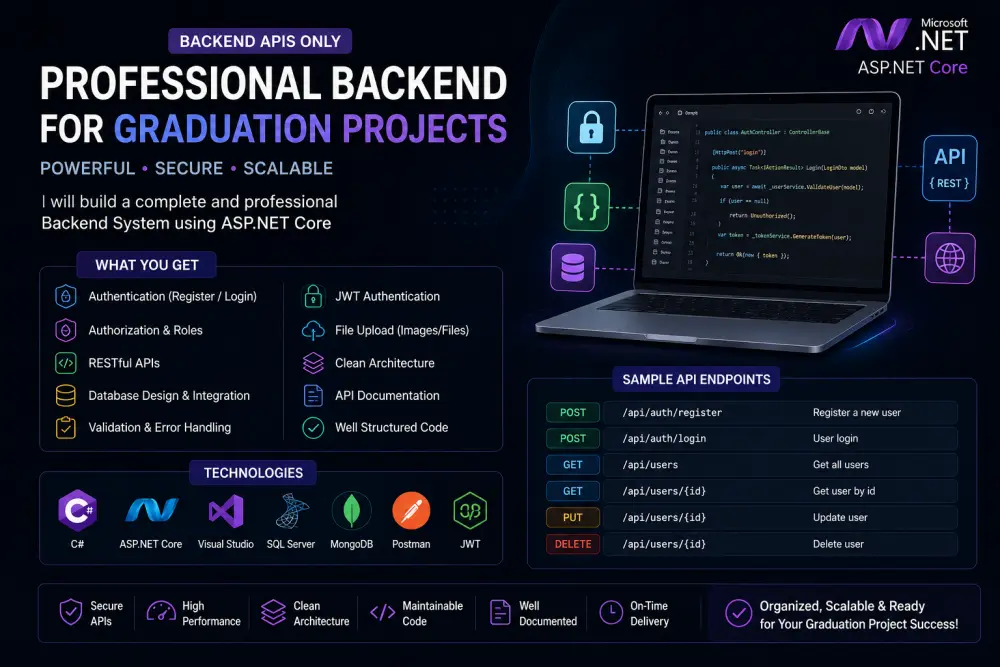 سأبني لك نظام Back-End احترافي كامل لمشروع التخرج باستخدام  ASP DOT NET Core