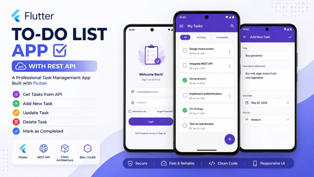 سأقوم بإنشاء تطبيق Flutter متكامل لإدارة المهام باستخدام REST API