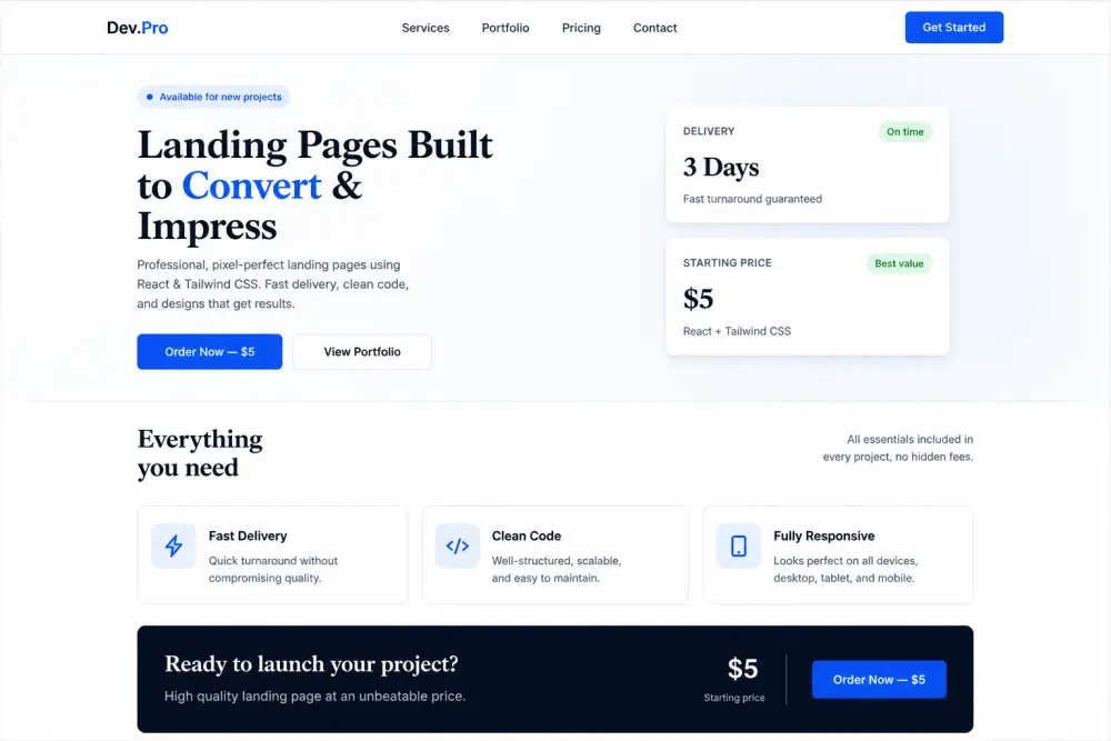 هل تبحث عن Landing Page احترافية وعصرية لعرض مشروعك أو خدمتك بشكل مميز؟  سأقوم بتصميم وتطوير صفحة هبوط (Landing Page) احترافية باستخدام React.js و Tailwind CSS مقابل 5$.