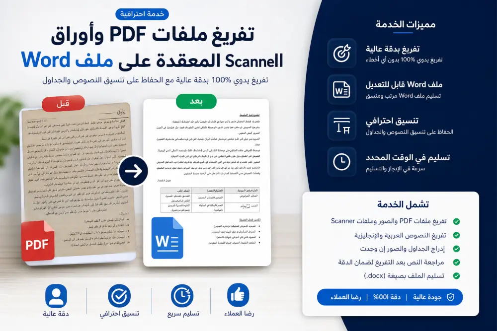 سأقوم بتفريغ وتحويل ملفات PDF أو الصور أو الأوراق الممسوحة (Scanner) إلى ملف Word قابل للتعديل بدقة عالية، مع الحفاظ على تنسيق النصوص والفقرات والعناوين قدر الإمكان