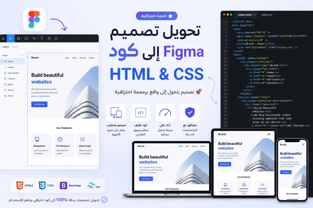 خدمة تحويل تصميم Figma إلى كود HTML & CSS احترافي (Responsive)