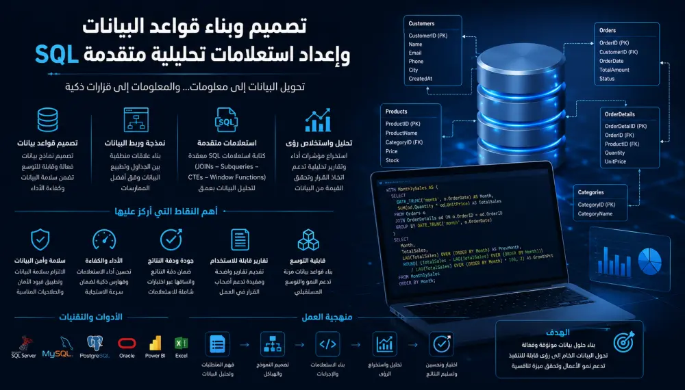 تصميم وبناء قاعدة بيانات وإعداد استعلامات تحليلية متقدمة SQL