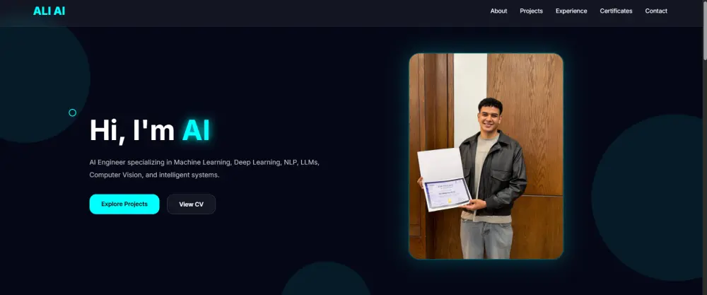 تصميم موقع شخصي (Portfolio) مخصص باستخدام HTML, CSS, JS.