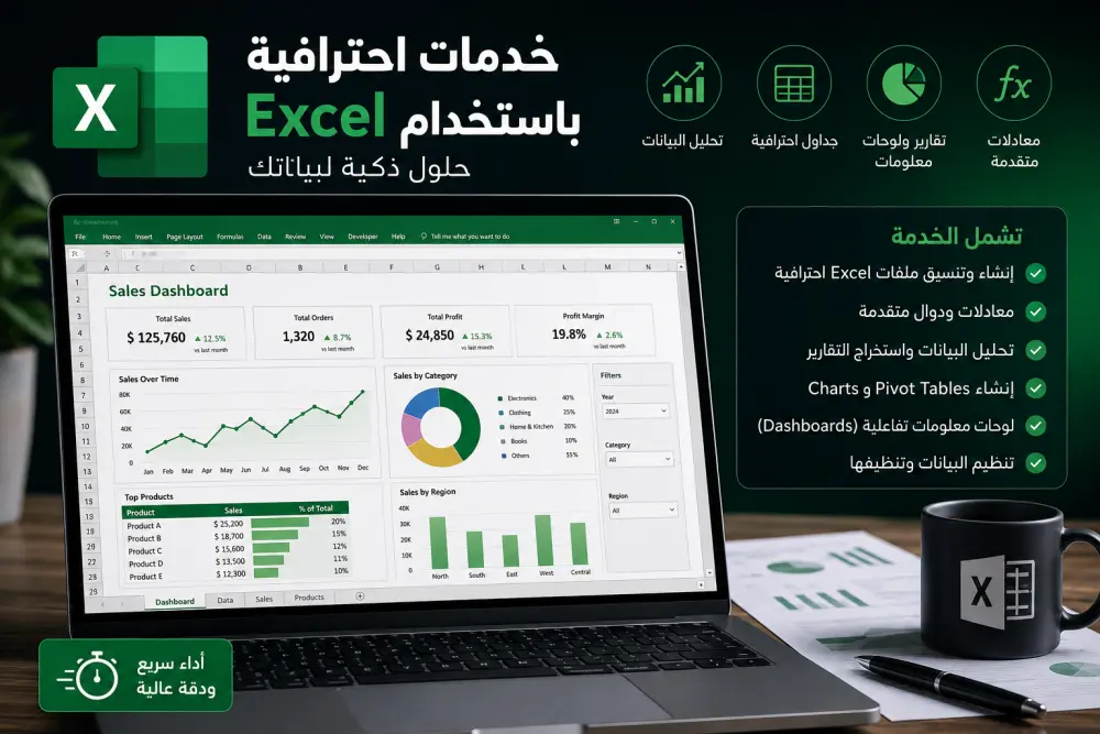 سأقوم بإنشاء ملفات Excel احترافية مع المعادلات والتقارير ولوحات المعلومات (Dashboards)