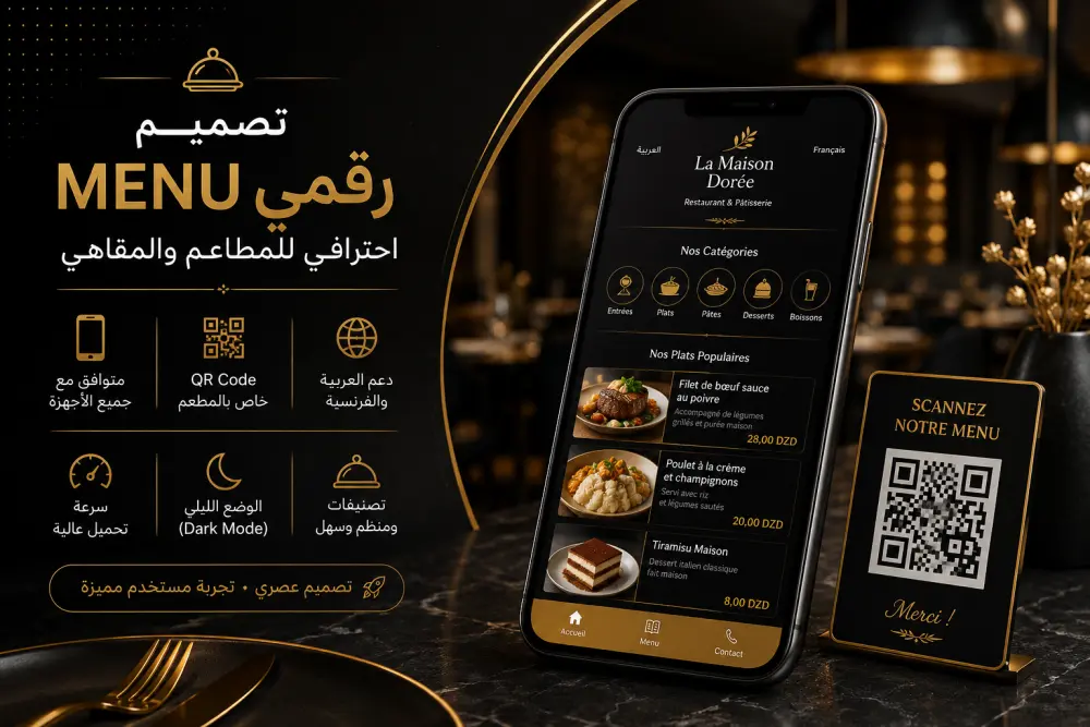 تصميم موقع Menu رقمي احترافي للمطاعم مع QR Code ودعم العربية والفرنسية