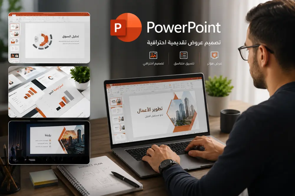 تصميم عروض تقديمية (PowerPoint) احترافية وجذابة.