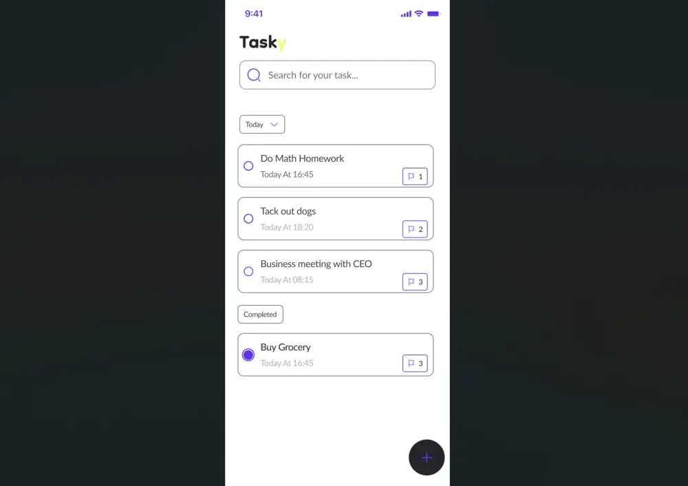 Tasky لإدارة المهام بواجهة احترافية ومتجاوبة، يتيح إضافة وتعديل وحذف المهام، وتنظيمها حسب الأولوية أو الحاله.