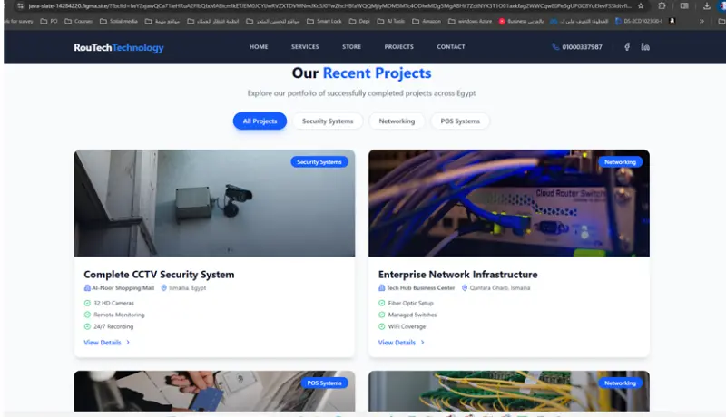 اقوم بتصميم صفحة ويب احترافية لشركات كاميرات المراقبة والشبكات تحتوي على عرض الخدمات ومعرض المشاريع