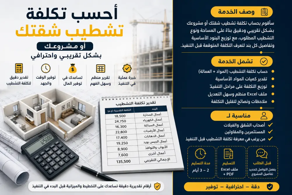 سأحسب تكلفة تشطيب شقتك أو مشروعك بشكل تقريبي واحترافي