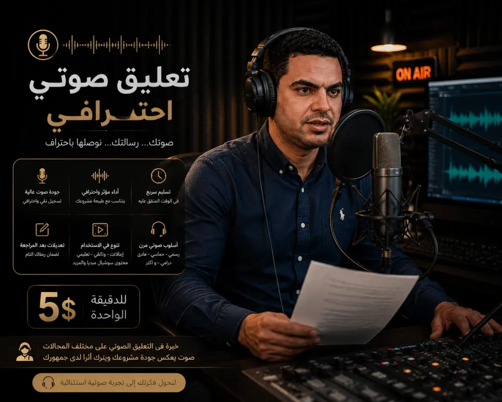 تعليق صوت احترافى للإعلانات ومقاطع الريلز ولعمل الفيديوهات