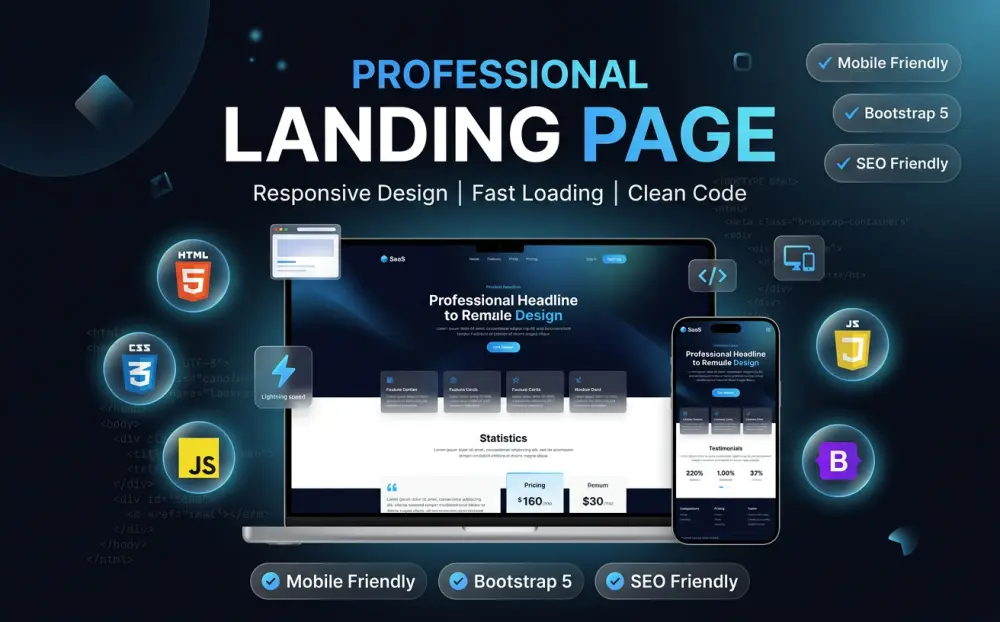 سأقوم ببرمجة صفحة هبوط Landing Page احترافية ومتجاوبة باستخدام HTML CSS Bootstrap وJavaScript