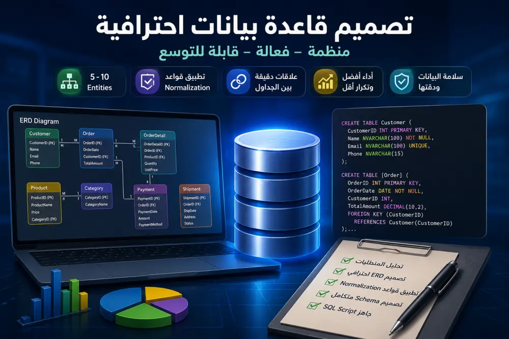 تصميم قاعدة بيانات احترافية (ERD + Database Schema) لمشروعك مع تطبيق قواعد الـ Normalization