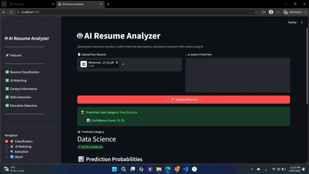 سأطور لك موقع تحليل السيرة الذاتية بالذكاء الاصطناعي باستخدام Python وStreamlit