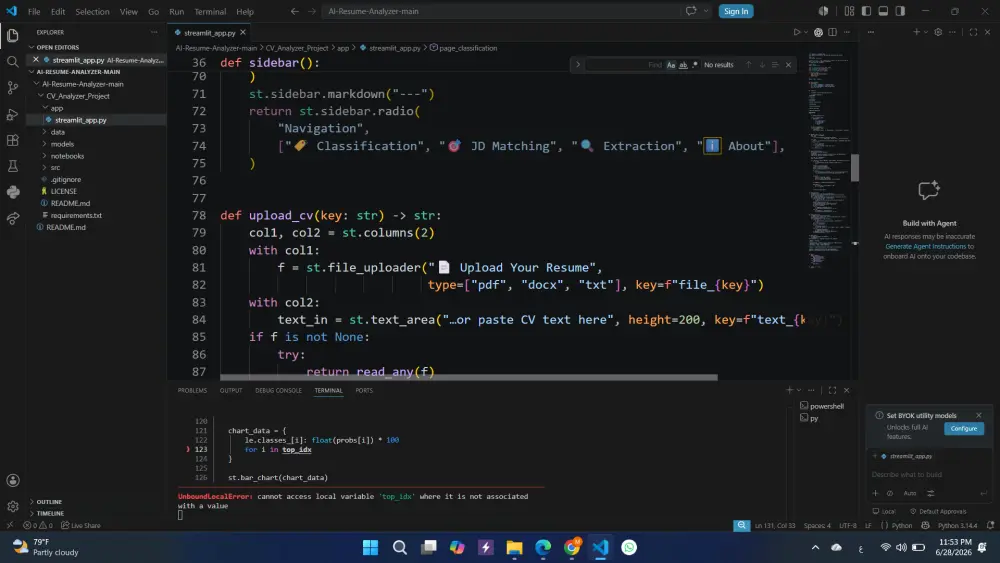 سأطور لك موقع تحليل السيرة الذاتية بالذكاء الاصطناعي باستخدام Python وStreamlit