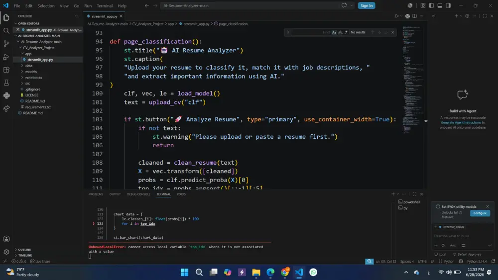 سأطور لك موقع تحليل السيرة الذاتية بالذكاء الاصطناعي باستخدام Python وStreamlit