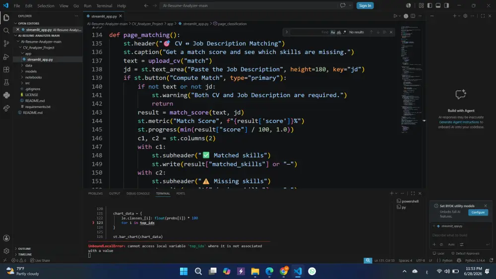 سأطور لك موقع تحليل السيرة الذاتية بالذكاء الاصطناعي باستخدام Python وStreamlit
