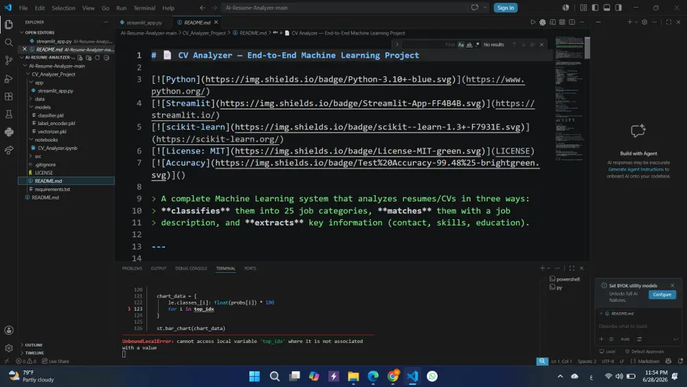 سأطور لك موقع تحليل السيرة الذاتية بالذكاء الاصطناعي باستخدام Python وStreamlit